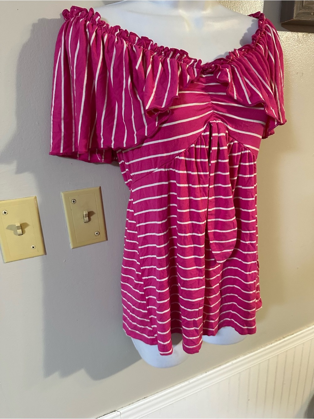 Cato Pink and White Striped Off-Shoulder Top